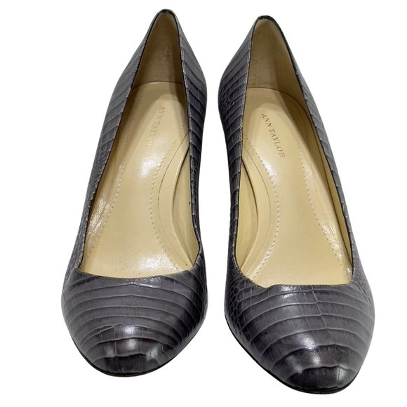 ANN TAYLOR Heels Gray Croc Embossed Leather Womens Size 9M  Shoes - Picture 2 of 11